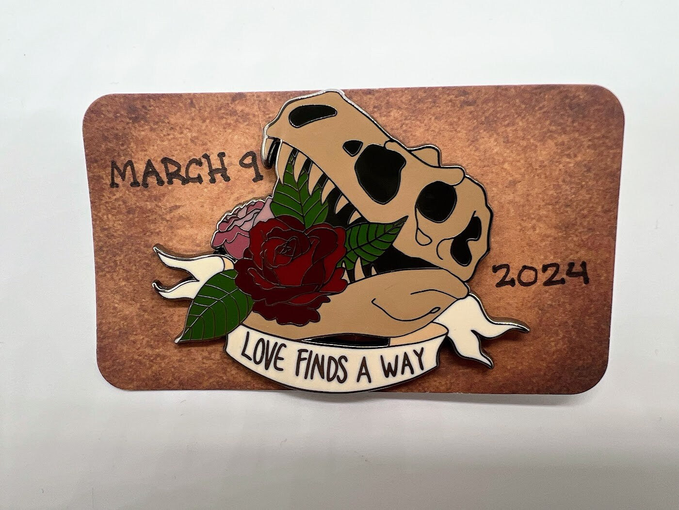 Limited Edition Dinosaur T-Rex Skull with Roses Enamel Pin